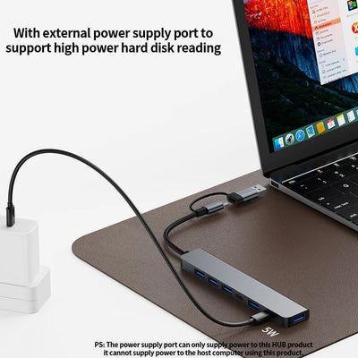 7-in-1 USB-C Hub Splitter – Aluminum, USB 3.0, 4x USB 2.0, 2x USB-C
