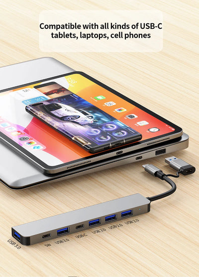 7-in-1 USB-C Hub Splitter – Aluminum, USB 3.0, 4x USB 2.0, 2x USB-C