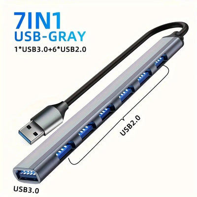 7-in-1 USB-C Hub Splitter – Aluminum, USB 3.0, 4x USB 2.0, 2x USB-C