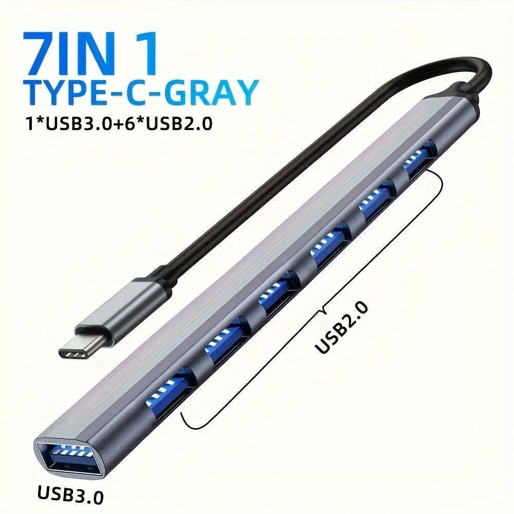 7-in-1 USB-C Hub Splitter – Aluminum, USB 3.0, 4x USB 2.0, 2x USB-C