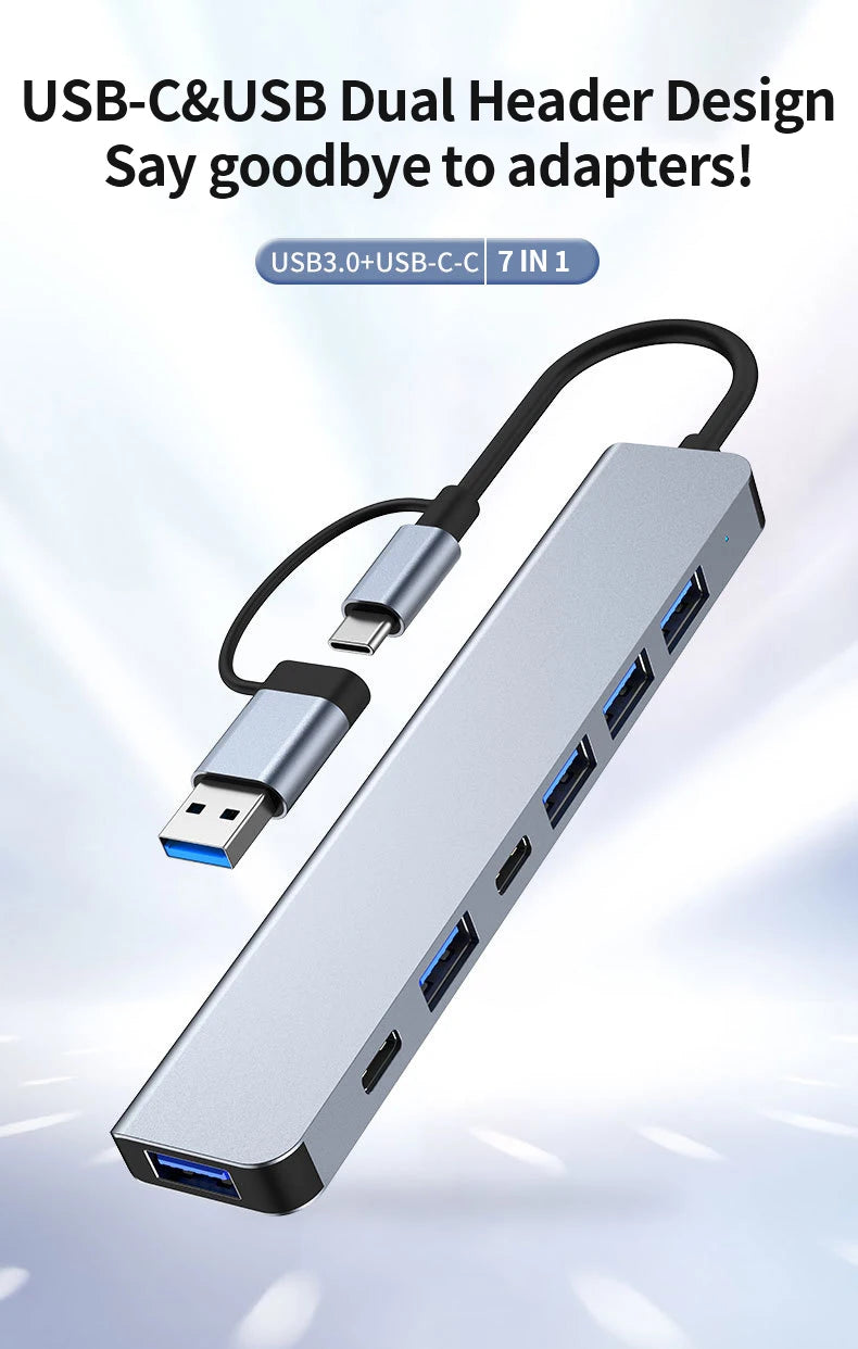 7-in-1 USB-C Hub Splitter – Aluminum, USB 3.0, 4x USB 2.0, 2x USB-C