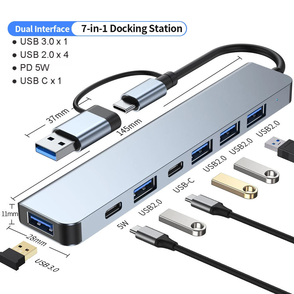 7-in-1 USB-C Hub Splitter – Aluminum, USB 3.0, 4x USB 2.0, 2x USB-C