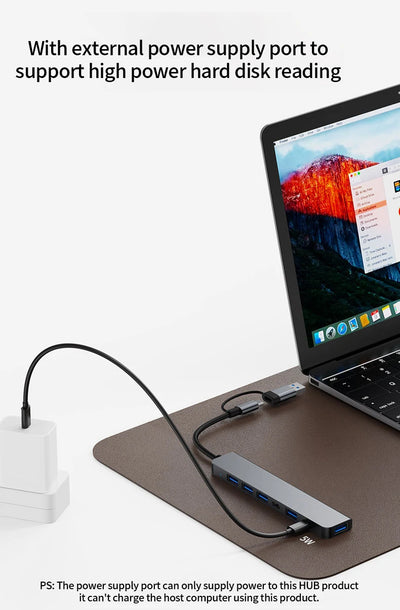 7-in-1 USB-C Hub Splitter – Aluminum, USB 3.0, 4x USB 2.0, 2x USB-C